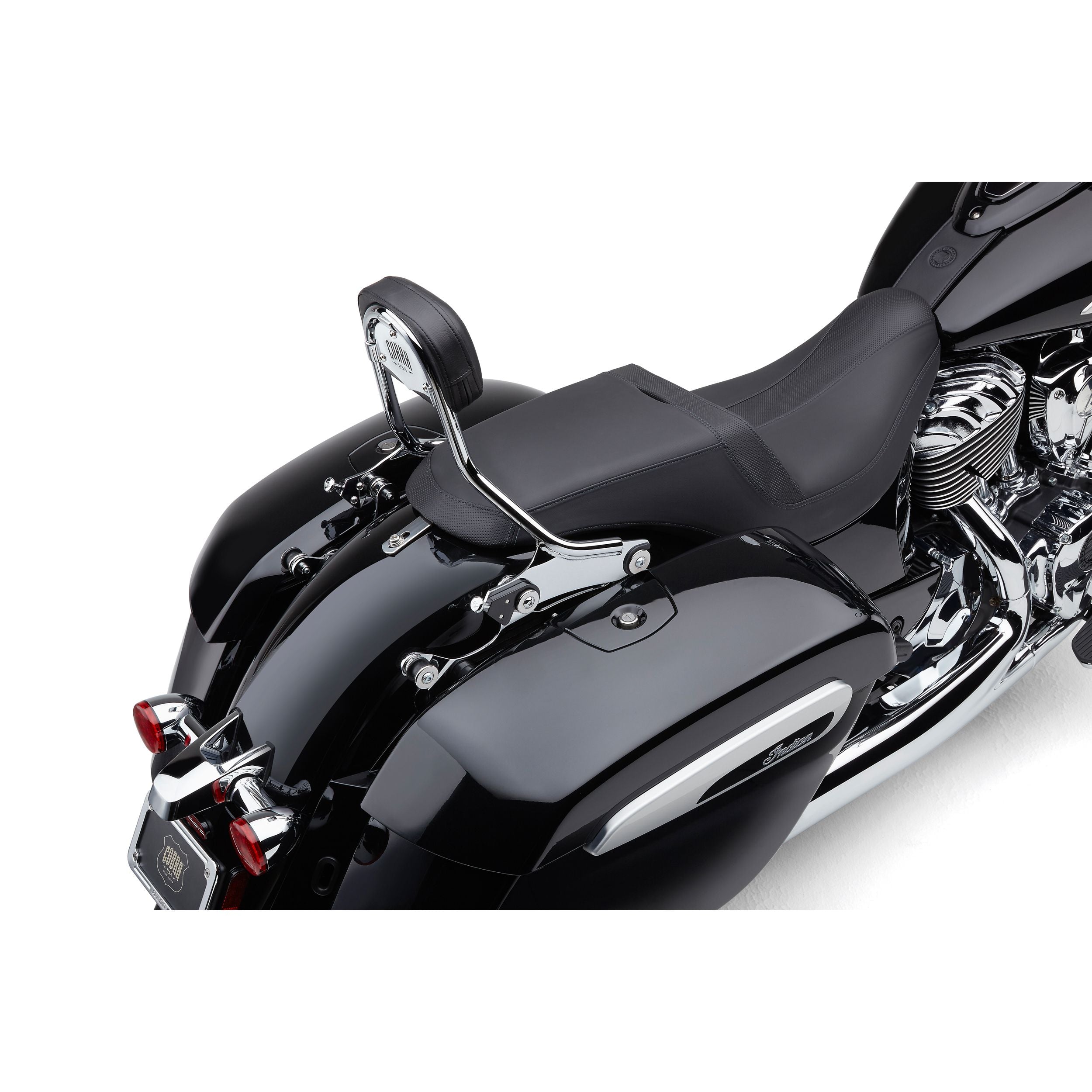 A close-up of the Detachable Backrest, Short Chrome for Indian Chieftain 14-24 by Cobra showcases its sleek black seat, chrome backrest, and shiny side panels against a white background.