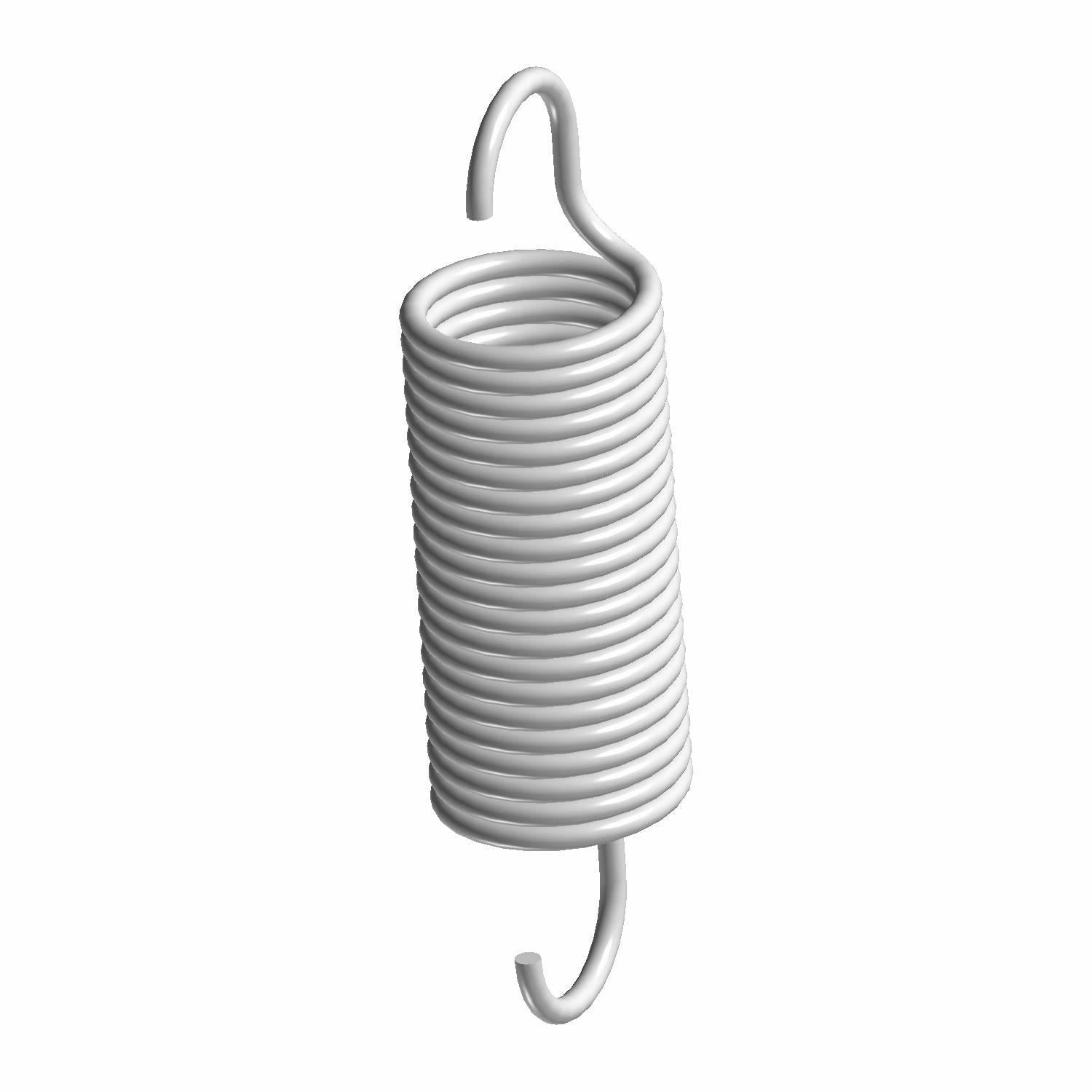White coiled metal extension spring with hook ends on both sides.