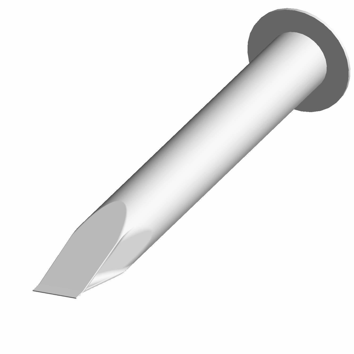Silver metal oil tank screen with flat angled tip and rounded flange base.