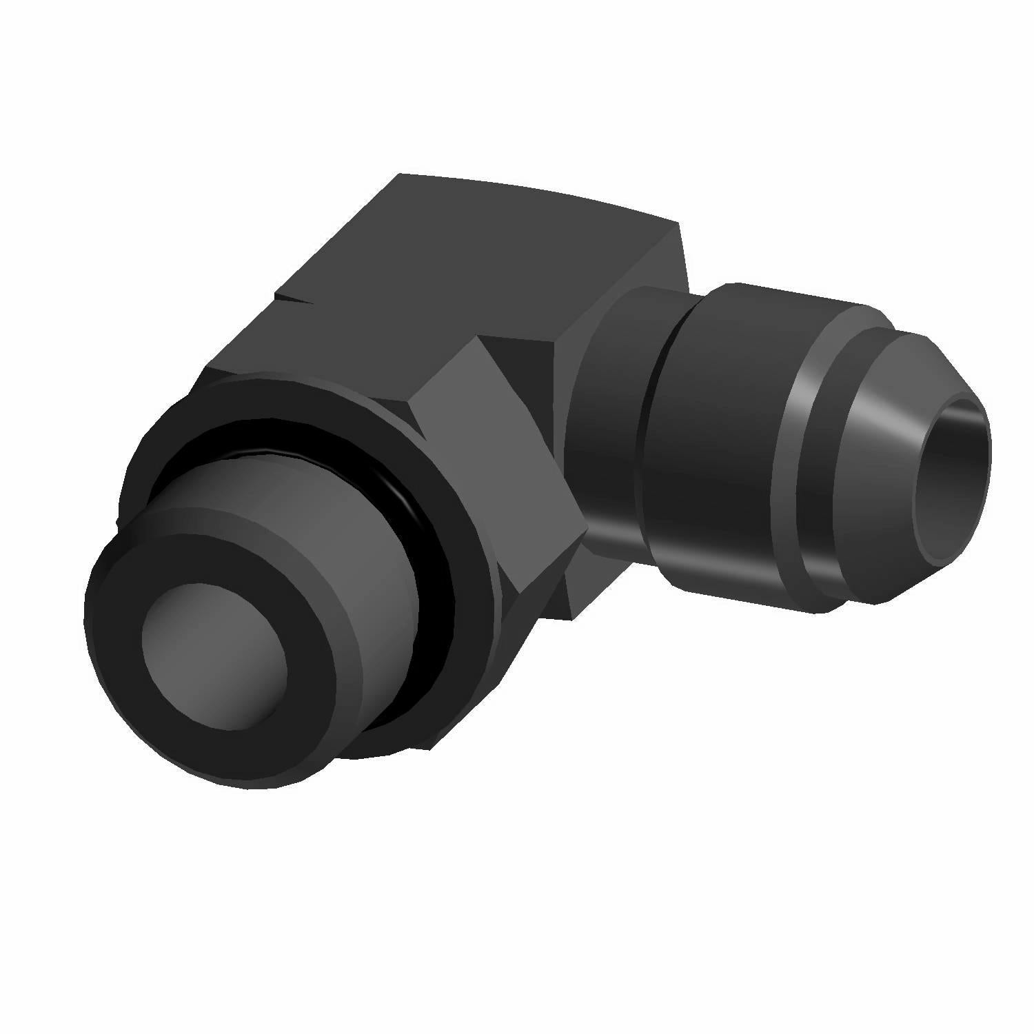 Black 90-degree angled fitting with O-ring seal, hexagonal and cylindrical shapes, durable material.