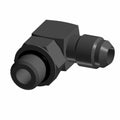 Black 90-degree metal fitting with hex nut and o-ring seals on both ends.