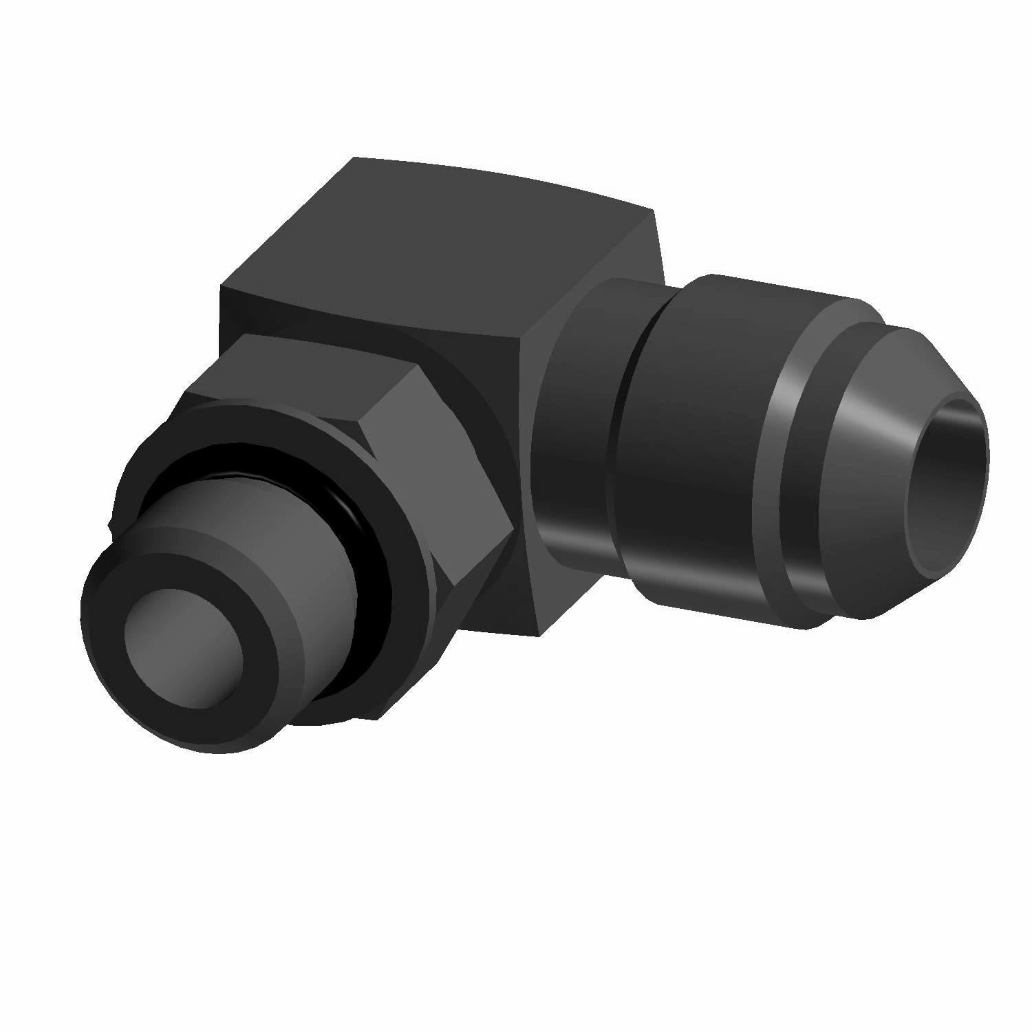 Black 90-degree metal fitting with hexagonal nut and O-ring seals on both ends.