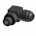 Black 90-degree metal fitting with hexagonal nut and O-ring seals on both ends.