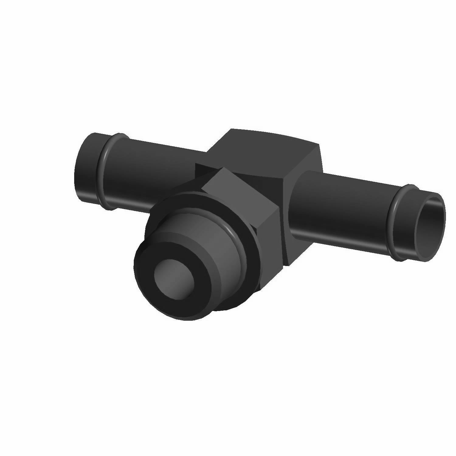Black plastic T-shaped fitting with cylindrical connectors on each end for fluid or air flow systems.