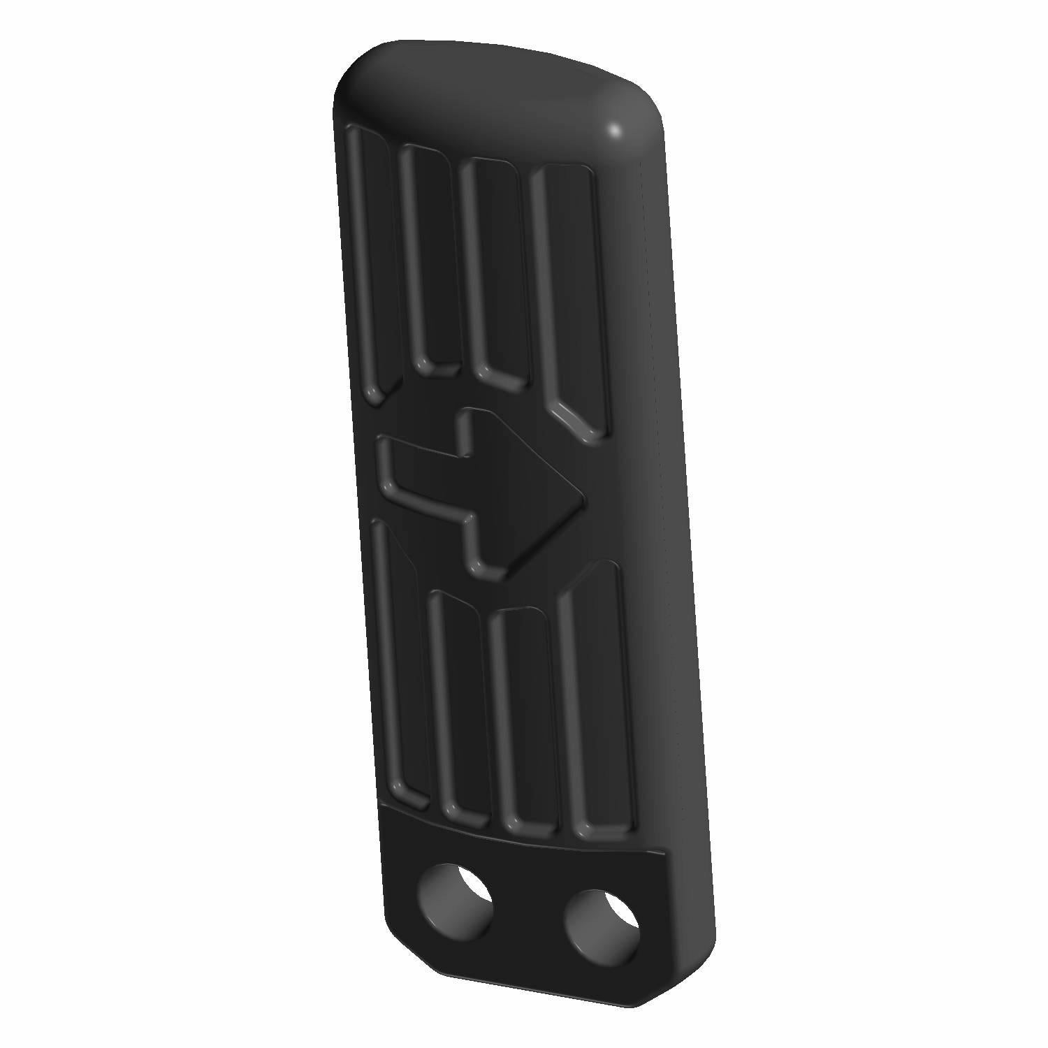 Black rectangular forward pedal with raised arrow and two mounting holes at the base.