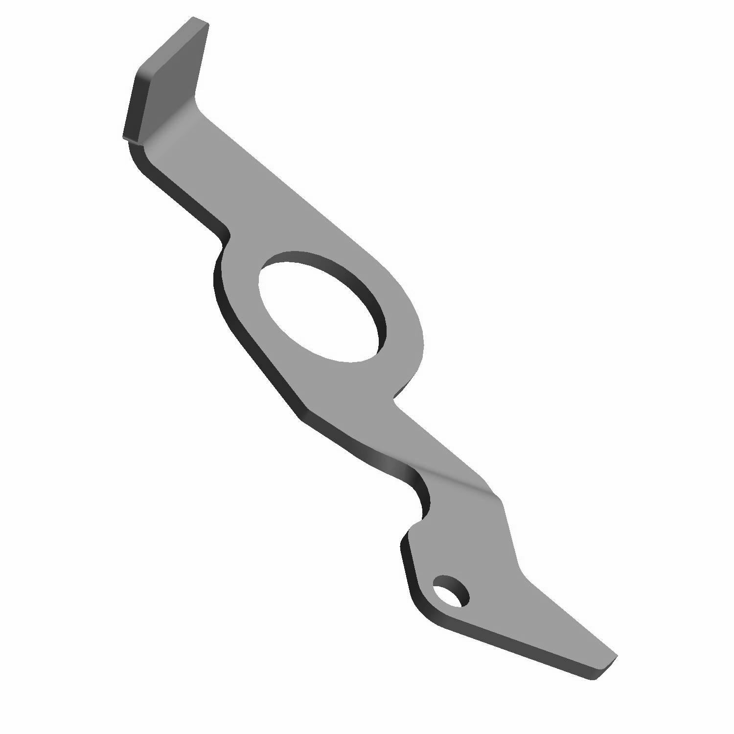 Gray metal lever spring with a central circular hole and two angled ends with mounting points.