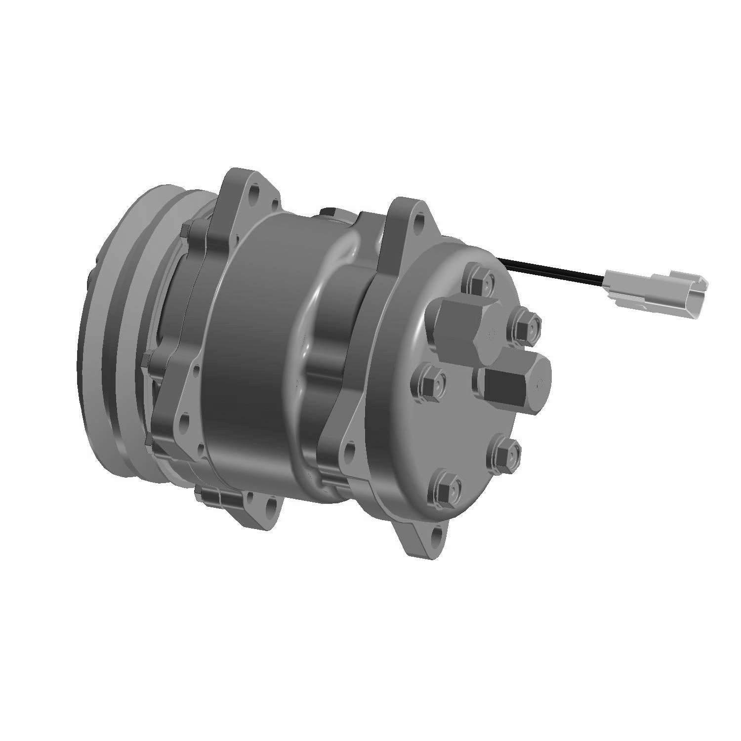 Gray metal air compressor with cylindrical body, mounting points, and electrical connector cable.