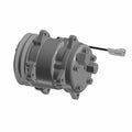Gray metal air compressor with cylindrical body, mounting points, and electrical connector cable.