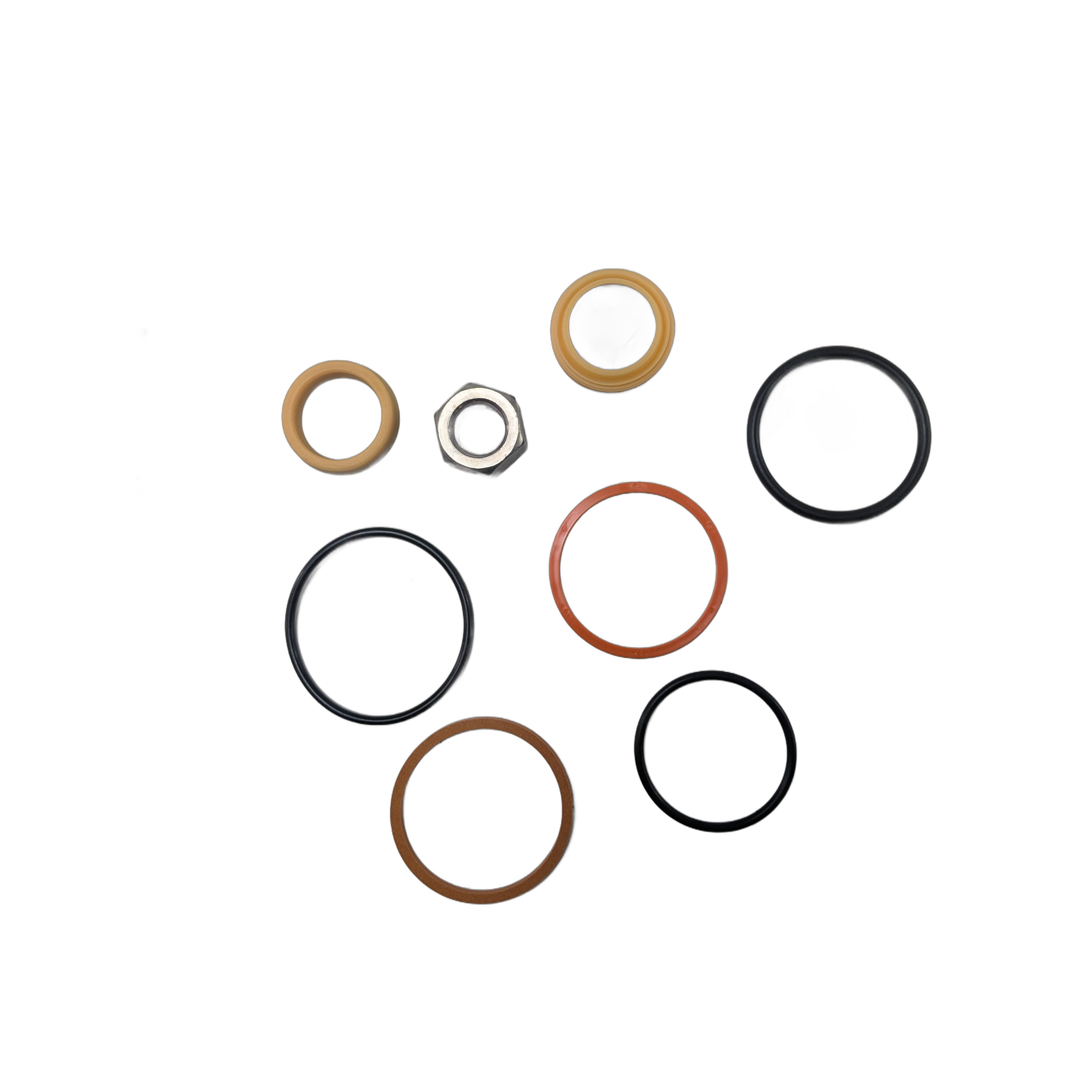 Set of assorted round sealing rings and a hex nut for Polaris Ranger diesel vehicles, various colors and materials.