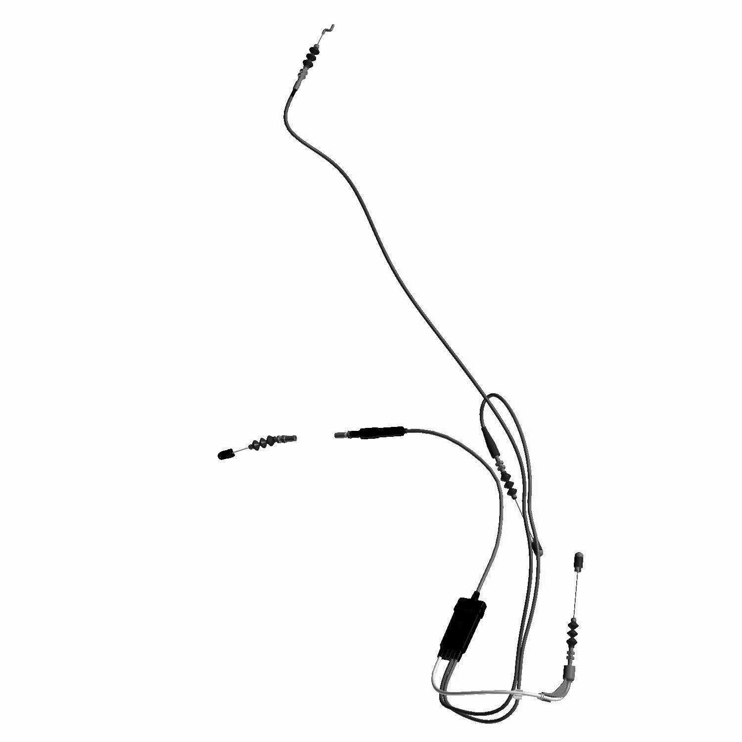 Black throttle cable assembly with metal connectors and flexible rubber housing for offroad vehicle.
