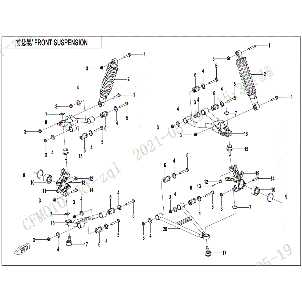 An Image of a genuine CFMOTO Parts Schematic Diagram showing the group - FRONT SUSPENSION - 2022 CFMOTO CFORCE 600