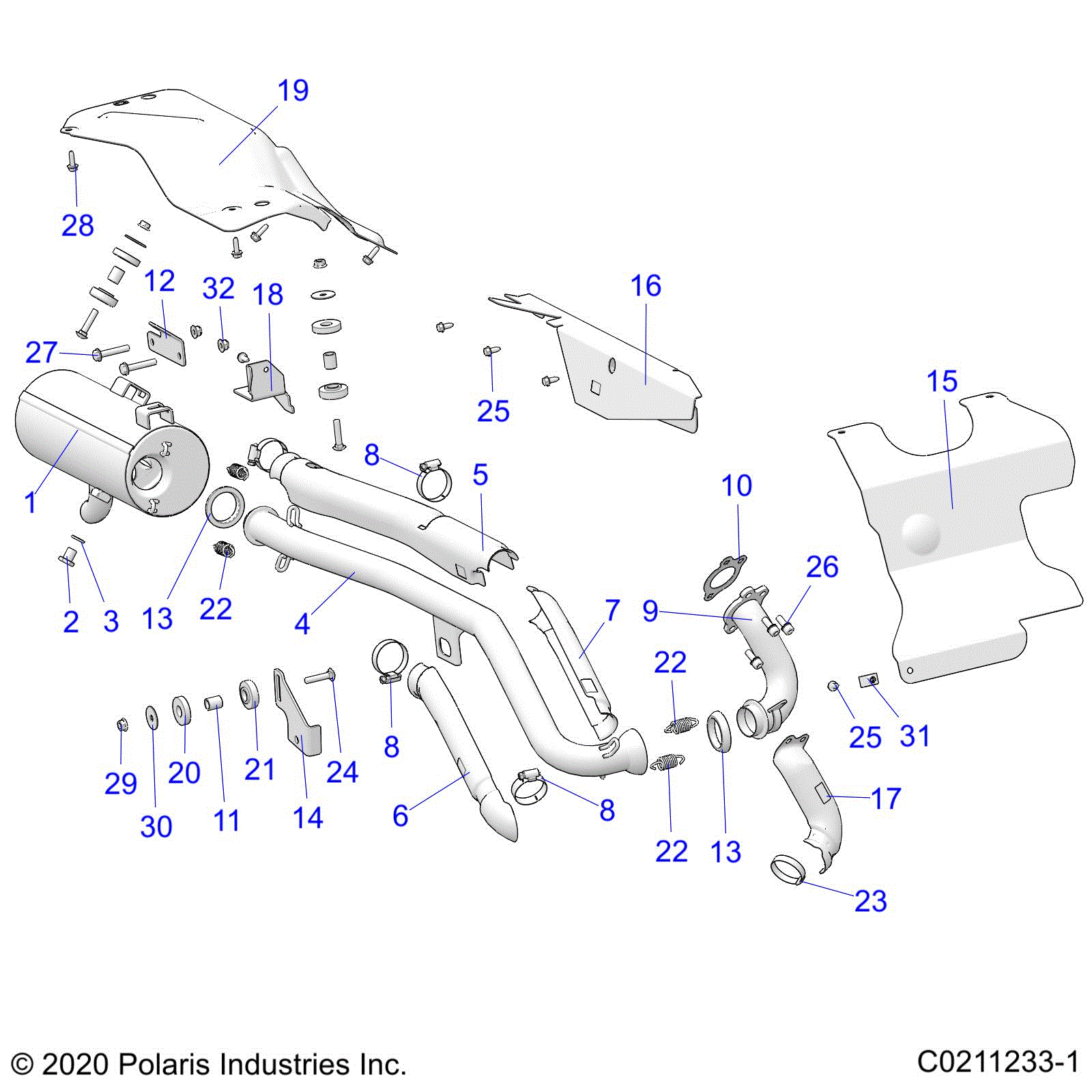 An Image of a Genuine Polaris Parts Schematic Diagram showing the schematic - ENGINE: EXHAUST - 2021 POLARIS SPORTSMAN 450 HO