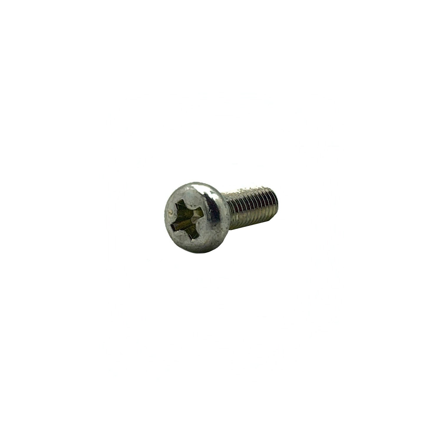 Small silver metal screw with Phillips head and short threaded shaft.