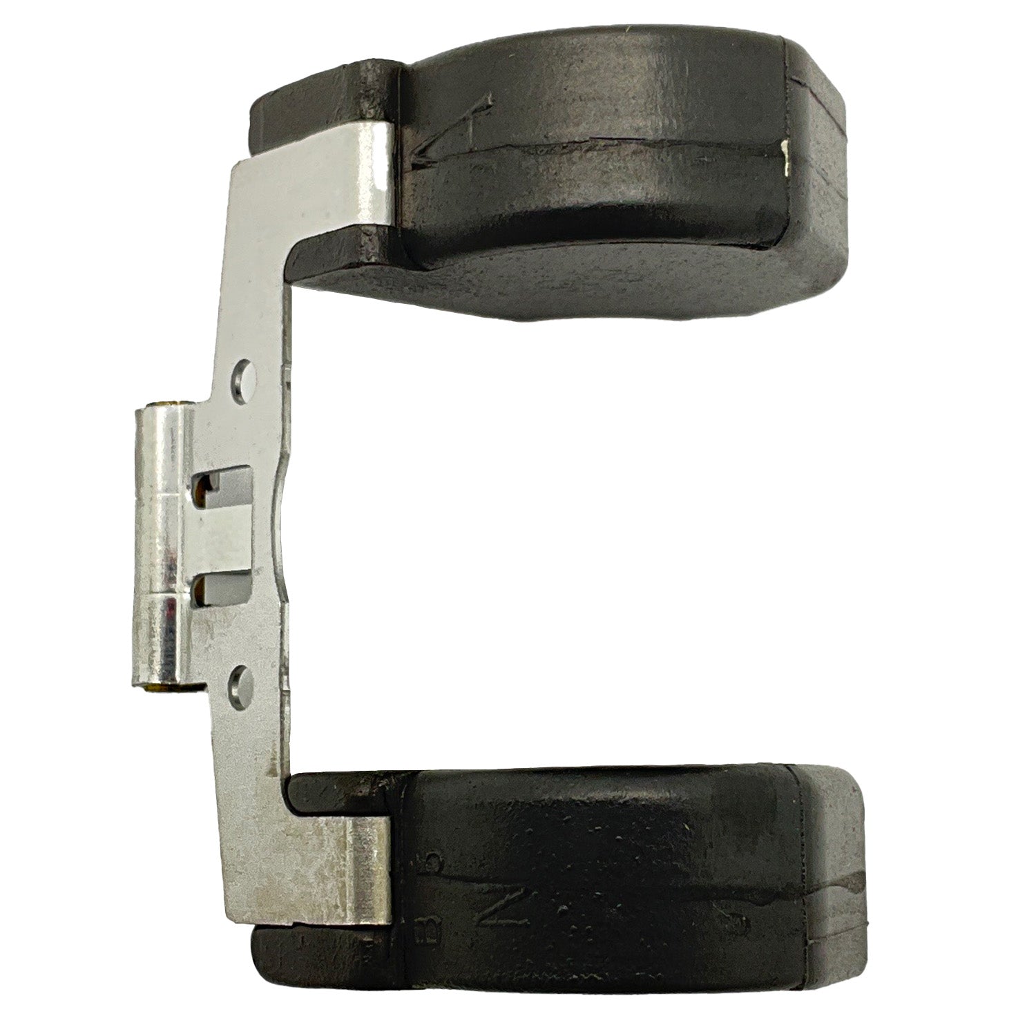 Black and silver U-shaped clamp bracket with hinge and mounting holes.