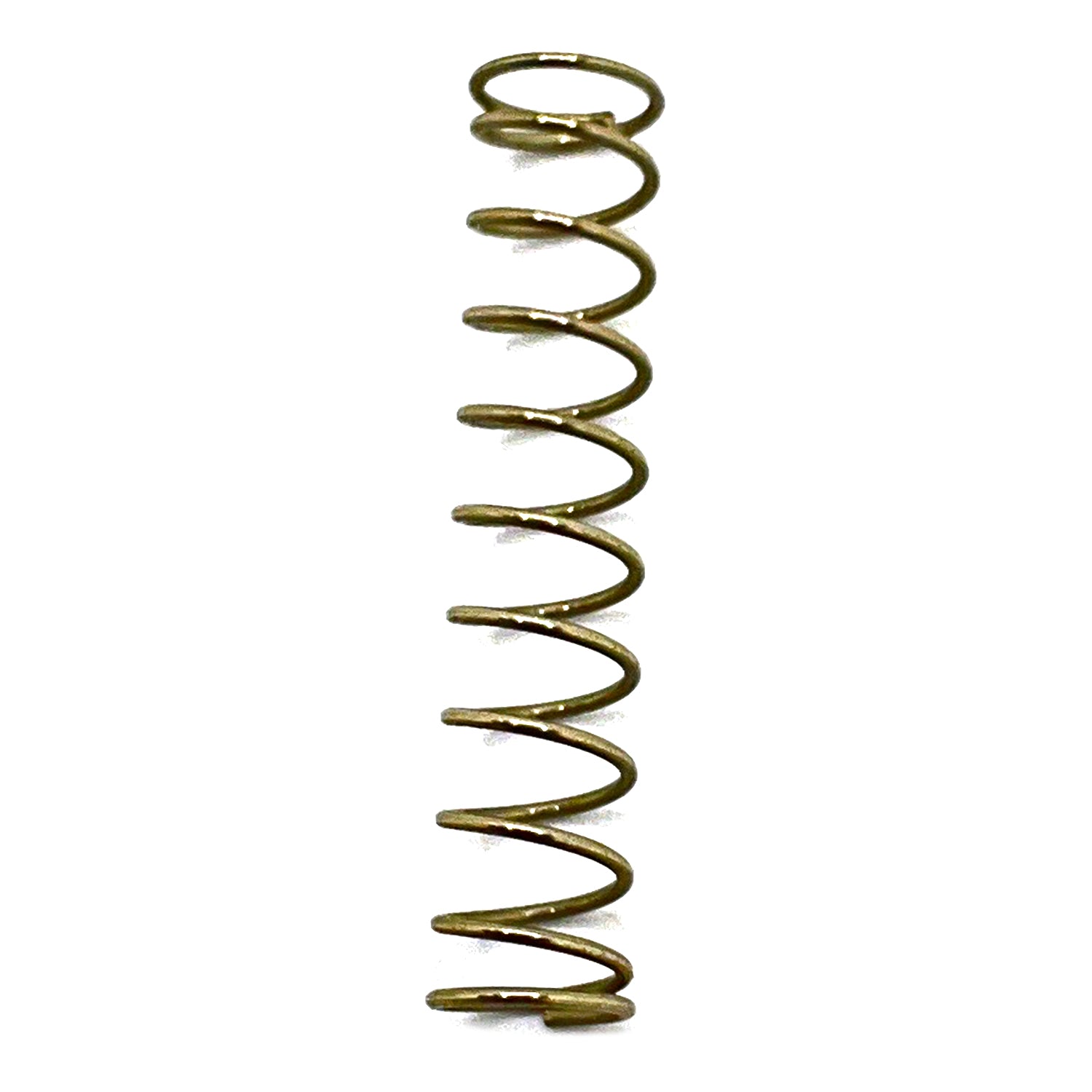 Coiled metal carburetor spring with gold finish, narrow and tightly wound design.