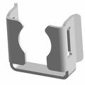 Gray metal injector clip with curved cutouts and a rectangular slot on one side.