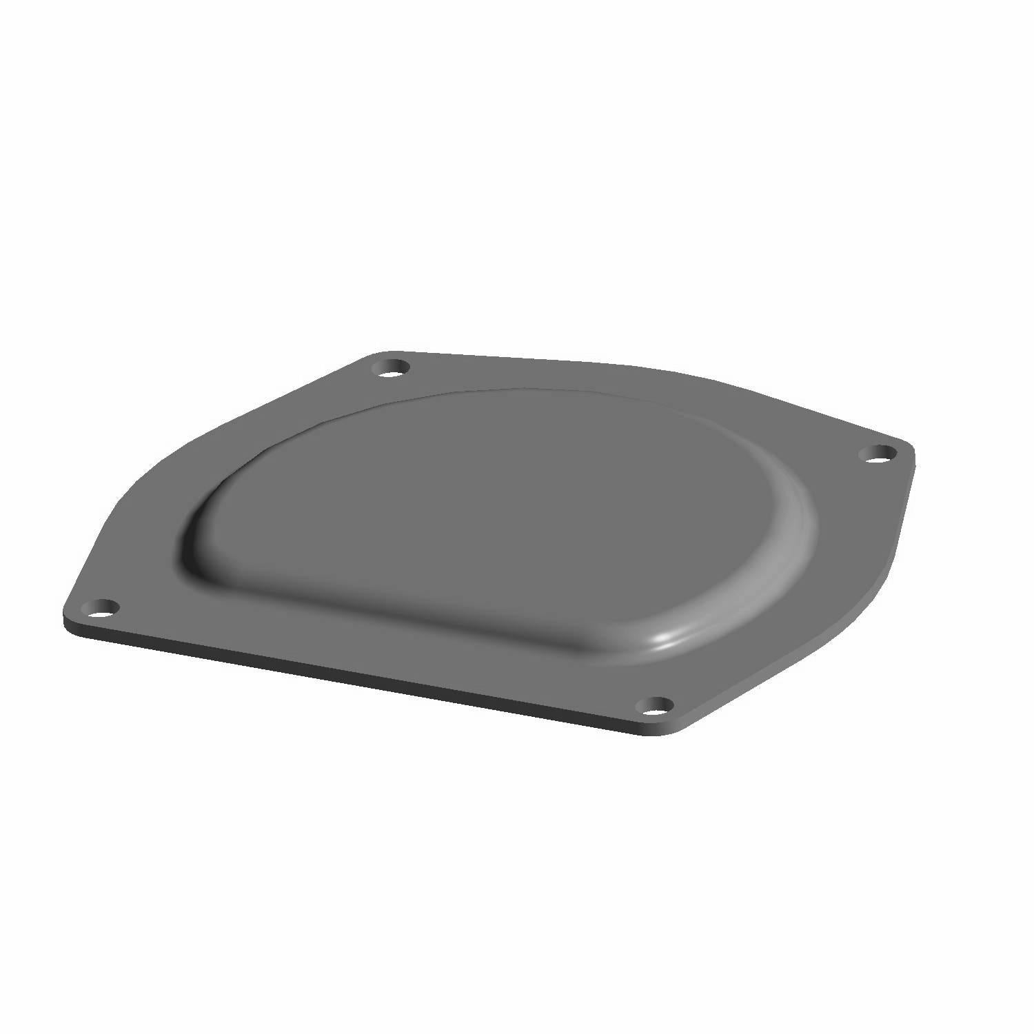 Gray metal throttle cam cover with rounded shape and four mounting holes.