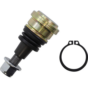 The Ball Joint Lower by Moose Offroad features a steel-on-steel design with a black rubber boot and nut, shown next to a circular snap ring on a white background.