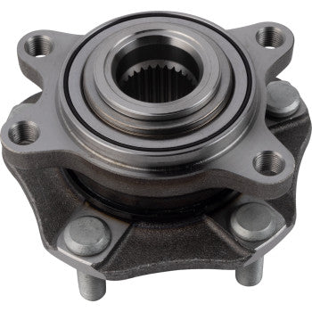 A close-up of the Polaris Wheel Bearing Kit Front & Rear by Moose Offroad shows mounting holes, a splined center, bolts, and bearing seals—vital for protecting your vehicle’s wheel and axle system.