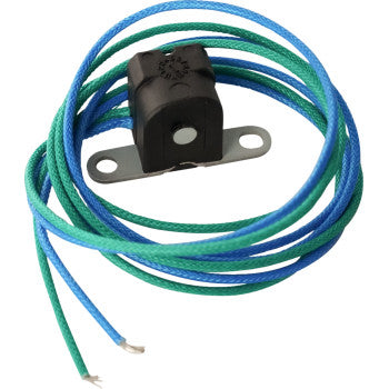 The Yamaha Trigger Pulse Coil by Moose Offroad is a black plastic electrical component with a metal mounting bracket and blue and green insulated wires with exposed ends, coiled neatly—ideal as a high-quality replacement for superior performance.