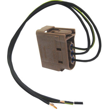 The Polaris Taillight Pigtail Harness by Moose Offroad is a brown plastic electrical connector with three black wires featuring green stripes and two exposed copper ends, providing a direct replacement for worn or damaged connectors.