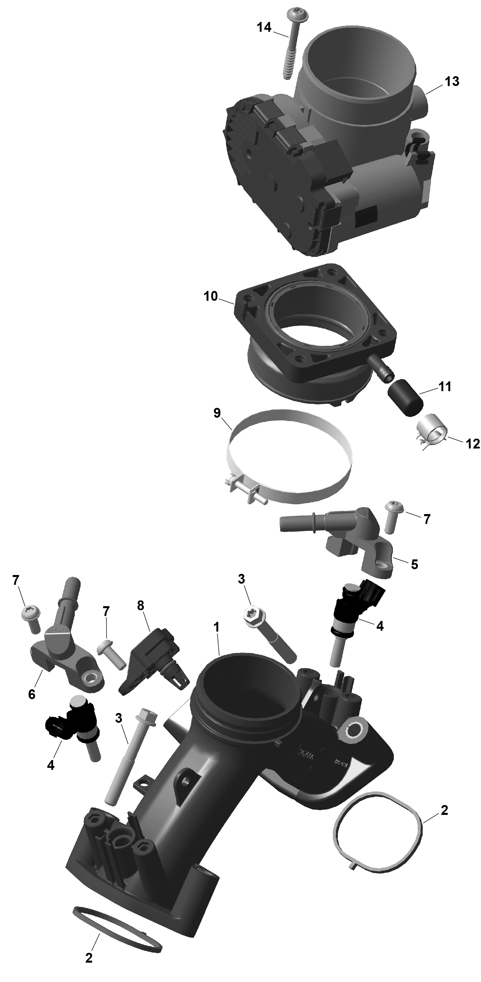 An Image of a Genuine Can-Am Parts Schematic Diagram showing the schematic - ROTAX - AIR INTAKE MANIFOLD AND THROTTLE BODY