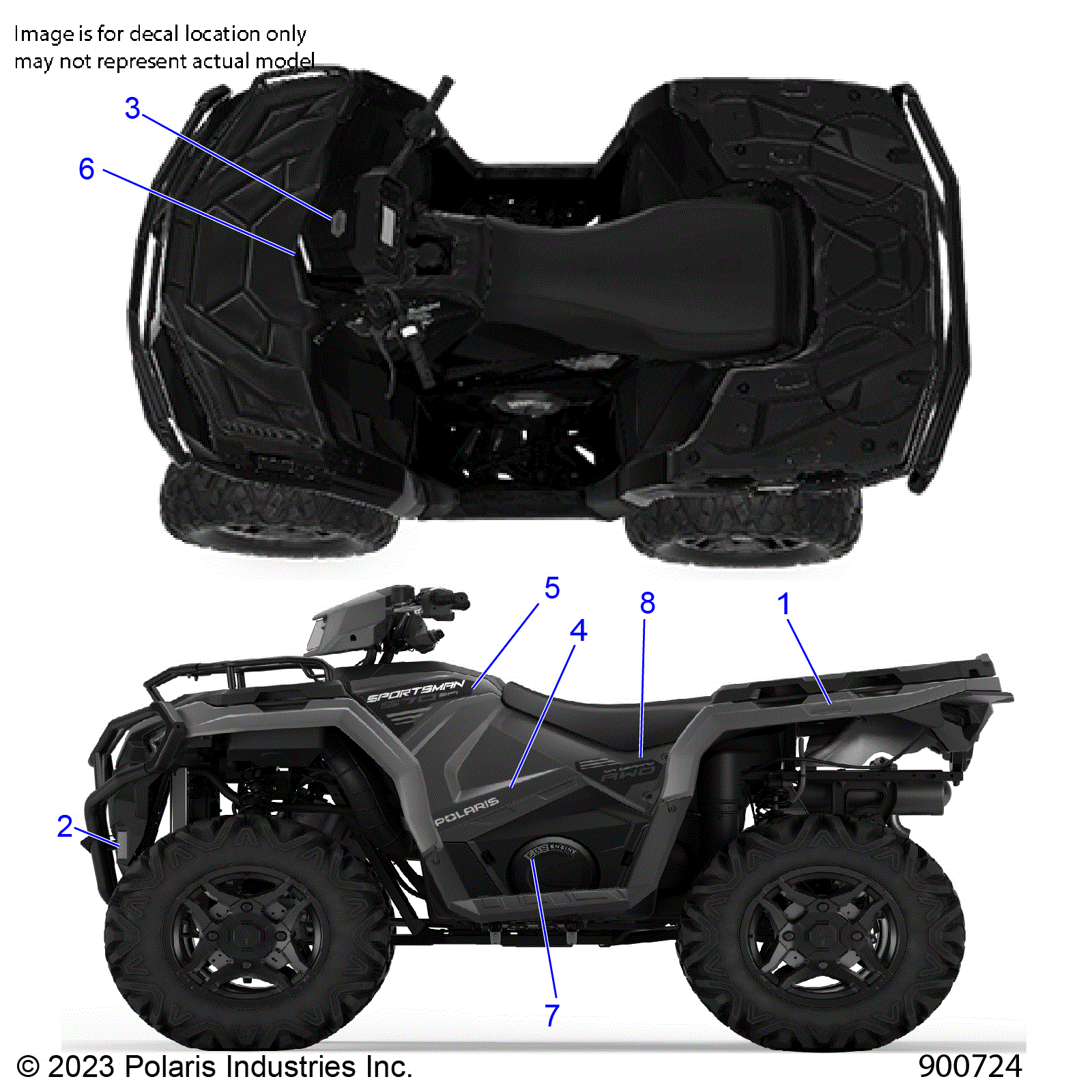 An Image of a Genuine Polaris Parts Schematic Diagram showing the schematic - BODY: DECALS GRAPHIC - 2025 POLARIS SPORTSMAN 570 EPS EBS TRAIL