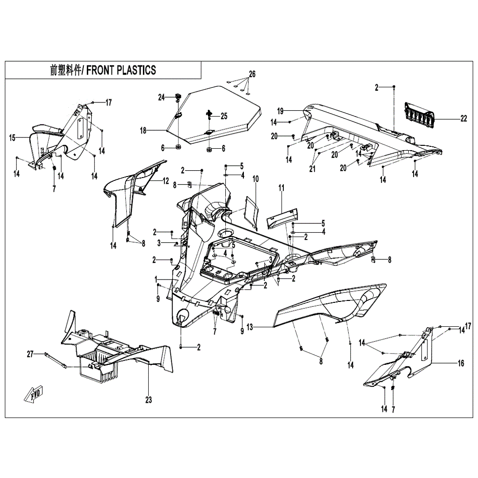 An Image of a Genuine CFMOTO Parts Schematic Diagram showing the schematic - FRONT PLASTICS - 2022 CFMOTO ZFORCE 950 HO Sport