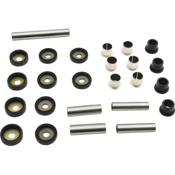 The Suspension Kit Rear Independent by Moose Offroad includes metal rods, black rubber seals, and small metal and black bushings, all neatly arranged against a white background.