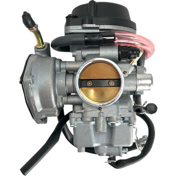 Silver metal carburetor with black plastic top and clear pink fuel lines for offroad vehicle replacement part.