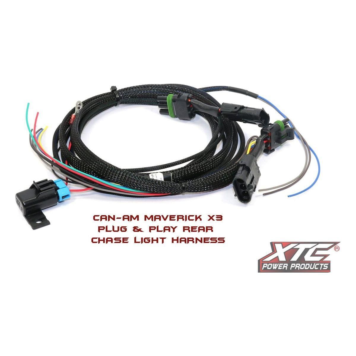 A coiled wiring harness with multiple connectors and exposed wires. Text reads: Plug N Play Rear Chase Bar Harness By XTC Power. The XTC Power Products logo appears at the bottom right.