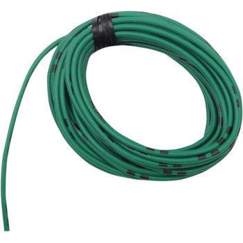 The 13' Wire Spool 14 A 12 V Green by Shindy, featuring green OEM-colored wire with black markings and a black securing band, is displayed against a white background.