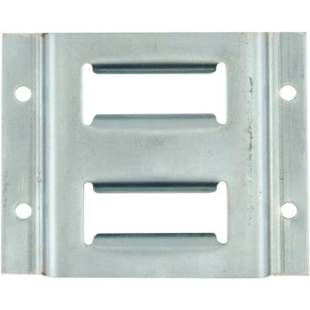 The Erickson 2 Slot E Track 4 metal mounting bracket supports up to 6,000 lbs, features two rectangular slots in the center, four round anchor holes at each corner, and a slightly reflective metallic finish for durability.