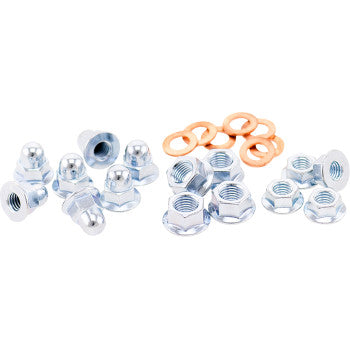 The Cylinder and Head Nut Universal Kit 2 Stroke by Bolt features shiny silver M8 head nuts and copper washers, including two stroke cylinder nuts, displayed in groups on a white background.