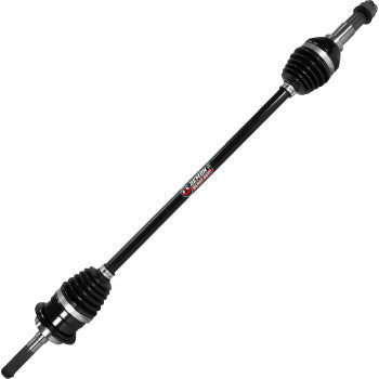 The Can Am Maverick Axle Lift Kit Heavy Duty Front Right by Demon is a black chromoly steel axle with rubber boots, metal ends, and a red and white center sticker, shown diagonally on a white background for reliable automotive performance.