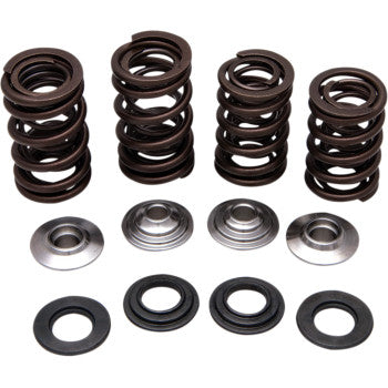The Honda Valve Spring Kit 0.440" Lift by Kibblewhite features four metal springs, washers, and retainers arranged in a row on a white background—ideal components for high-performance valvetrain control in automotive applications.