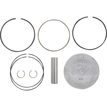 The Honda Piston Kit 92.00 mm by Prox is displayed on a white background, featuring a CNC machined OEM replacement piston, piston rings, circlips, pin, and small circular parts arranged in an organized layout.