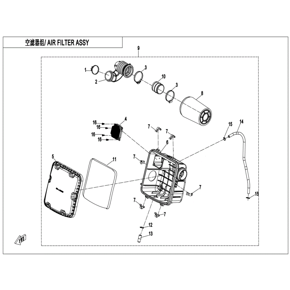 An Image of a Genuine CFMOTO Parts Schematic Diagram showing the schematic - AIR FILTER ASSY - 2025 CFMOTO UFORCE 600