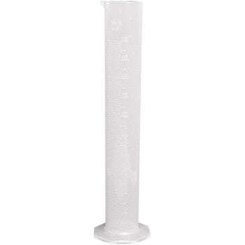 The 500cc Fork Oil Graduated Cylinder by Race Tech is a clear plastic cylinder with measurement markings, perfect for precise fork oil measurements in labs or fork servicing. It stands upright on a white background.