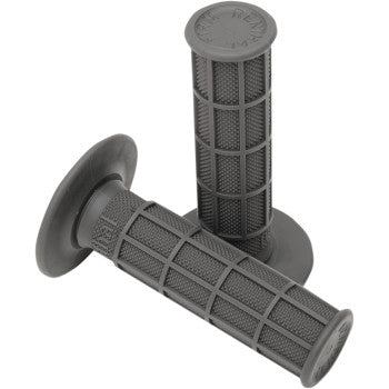 A pair of gray All Waffle Grips Firm by Renthal, featuring a textured grid pattern and flared ends, designed for 7/8 bars and twist throttles. One grip stands upright while the other lies down, providing enhanced grip and comfort.