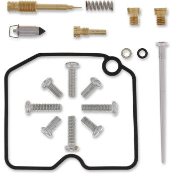 The Arctic Cat Carburetor Repair Kit by Moose Offroad includes metal screws, brass jets, an NBR rubber gasket, a metal needle, a float valve, springs, and small washers arranged neatly on a white background.