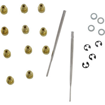 The Kawasaki Jet Kit Stage 1 by Dynojet includes twelve brass jets, two metal needles, four washers, and three retaining clips—perfect for tuning your stock engine. All parts are fully adjustable and displayed on a white background.