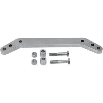 The Yamaha YFZ Lowering Kit Rear Lowers 1.50" 2.00" by Dura Blue includes a silver metal bracket with four holes, two bolts, nuts, and spacers—precision hardware for better cornering in flat-track racing—arranged on a white background.
