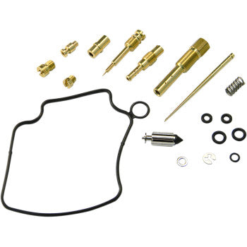 The Honda Carburetor Repair Kit by Shindy includes float valves, main and pilot jets, brass fittings, a needle valve, springs, rubber O-rings, a gasket, and other metal parts displayed on a white background.