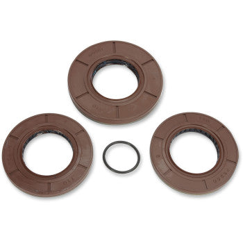 The Polaris Differential Seal Kit Rear by Moose Offroad includes three large brown circular seals and one small black O-ring, arranged on a white background with the seals in a triangular layout around the O-ring.