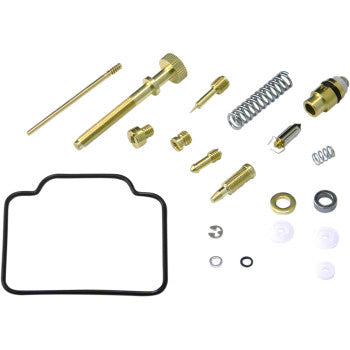 The Polaris Carburetor Repair Kit by Shindy includes metal and plastic parts like main jets, springs, screws, washers, a black rubber gasket, and float valves—all displayed on a white background.