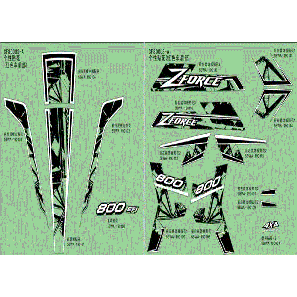An Image of a Genuine CFMOTO Parts Schematic Diagram showing the schematic - DECAL (BLACK) - 2015 CFMOTO ZFORCE 800 Trail
