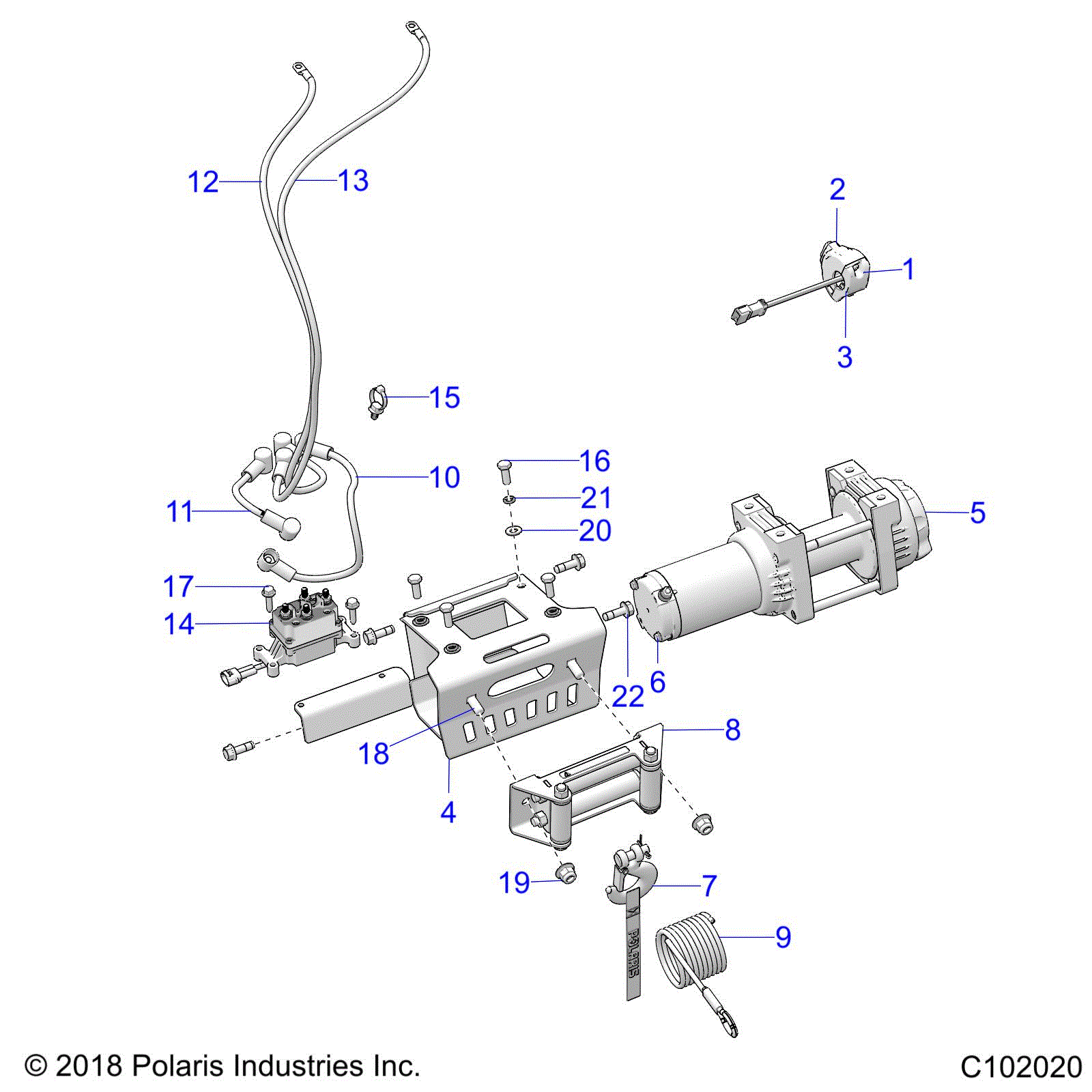 An Image of a Genuine Polaris Parts Schematic Diagram showing the schematic - BODY: WINCH - 2020 POLARIS SPORTSMAN XP 1000 48" TRAIL