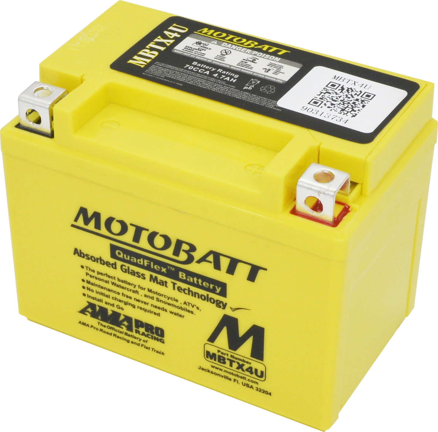 The Mbtx4U Sealed Factory Activated AGM Battery by MotoBatt features a bright yellow case, labeled black top, metal terminals, and product info printed on its sides and top for reliable, maintenance-free performance.