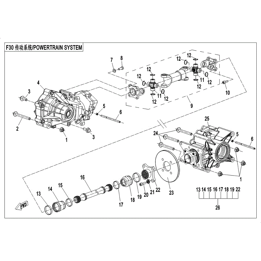An Image of a genuine CFMOTO Parts Schematic Diagram showing the group - DRIVETRAIN SYSTEM - 2019 CFMOTO CFORCE 600